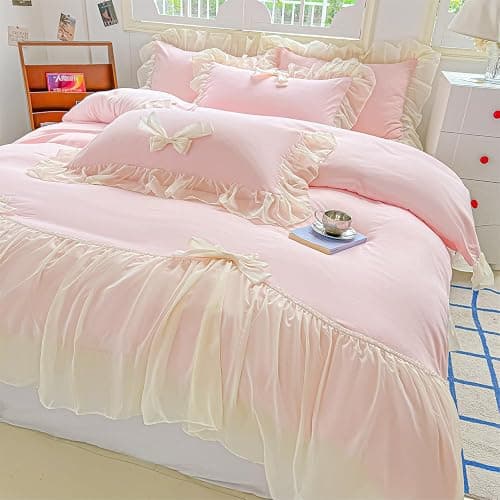 SOUKECHY Chic Lace Bedding,Girls Twin Aesthetic Comforter Cover Set,Romantic French Princess Style Ruffled Duvet Cover with Lovely Bow with Zipper Closure-Pink,Twin Size thumbnail 9