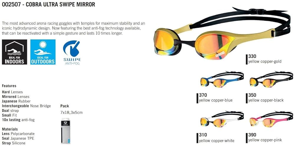 arena Cobra Ultra Swipe Unisex-Wettkampfbrille für Erwachsene, Schwimmbrille mit Gebogenen Gläsern, Anti-Beschlag, UV-Schutz, 5 Austauschbare Nasenstege thumbnail 7