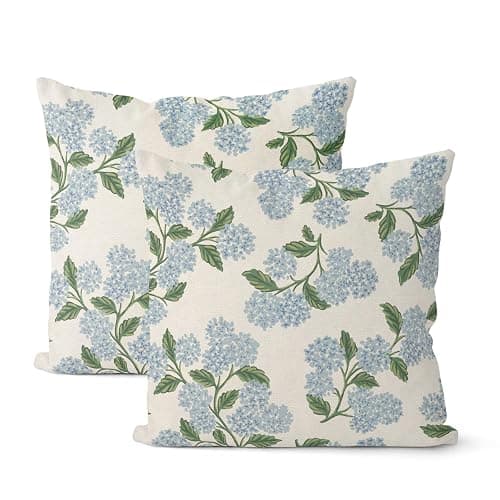DAFENA Spring Pillow Covers 18x18 Inch 2 Pcs Blue Green Hydrangea Flower Decor Throw Pillows Vintage Floral Seasonal Summer Outdoor Decoration Pillowcase Linen Cushion Cover for Couch Sofa - Image 1
