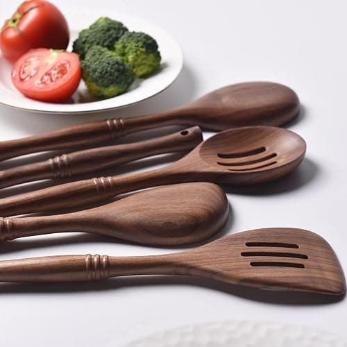 Gudamaye 12 inch Black Walnut Wooden Utensils - 6 Pcs Crafting Spoon Set for Cooking thumbnail 4