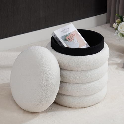 DM Furniture White Round Storage Ottoman Upholstered Sherpa Foot Stool Ottoman Small Boucle Foot Rest Stool for Dorm/Living Room/Entryway/Bedroom thumbnail 3
