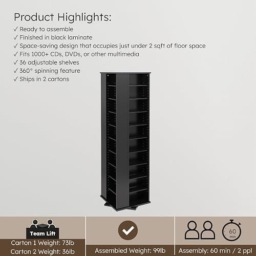Prepac 4 Sided Revolving Display Cabinet, Black Storage Cabinet with 36 Adjustable Shelves Narrow DVD Storage Cabinet Ideal for Living Room 18.75" D x 18.75" W x 65" H thumbnail 6