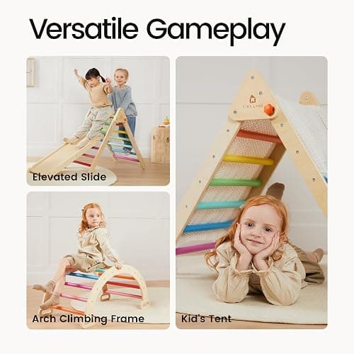 Tiny Land Pikler Triangle Set, 7-in-1 Foldable Pikler Triangle Climbing Toys Set for Kids,Baby Indoor Playground Jungle Gym, Wooden Montessori Climbing Set for Toddler (Rainbow) thumbnail 4