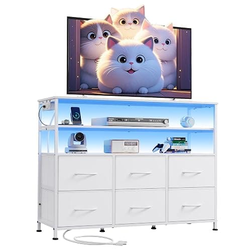 WLIVE White TV Stand for 40, 45 inch TV, Entertainment Center with LED Lights & Charging Station, TV Media Console Table with 6 Fabric Drawers and Open Shelves for Living Room, Hallway, Wood Top - Image 1