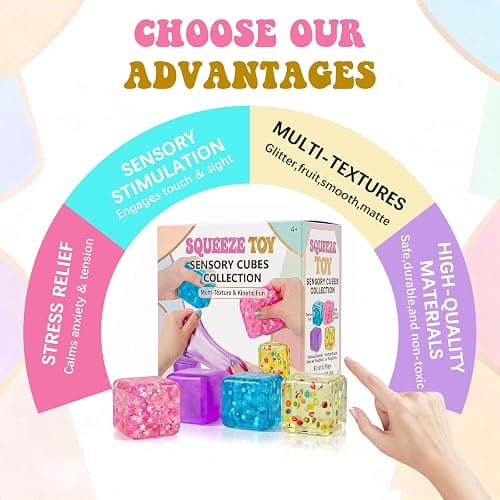 Stress Relief Squeeze Toys Set, 4 Pack Squishy Fidget Toys for Adults, Colorful Soft Sensory Toys for Anxiety Relief, Portable TPR Squeeze Toys for Focus & Relaxation thumbnail 4