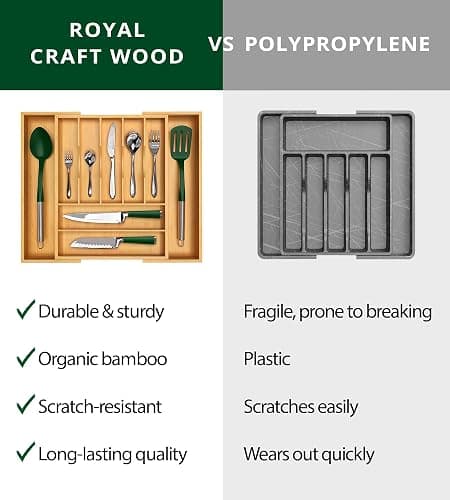 ROYAL CRAFT WOOD Luxury Bamboo Kitchen Drawer Organizer - Silverware Organizer, Utensil Holder & Cutlery Tray Drawer Dividers for Flatware (9 Slot, Natural) thumbnail 7