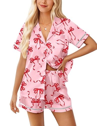 Ekouaer Womens Silk Pajama Sets Button Up Satin Pjs Short Sleeve 2 Piece Pj Sets Cute Lounge Sets with Chest Pocket - Image 1