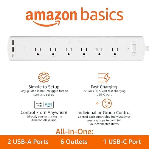 Amazon Basics Smart Plug Power Strip with 6 Individually Controlled Outlets and 3 USB Ports (2 USB-A and 1 USB-C), Works with Alexa Only, 2.4 GHz Wi-Fi, No Hub Required, White thumbnail 2