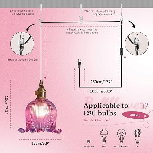 Qufute Hanging Swag Plug in Pendant Light Flower Shaped Purple Glass Plug Pendant Lamp with 15 ft Switch Cord Plug in Vintage Industrial Hanging Light for Kitchen Bedroom Background thumbnail 2