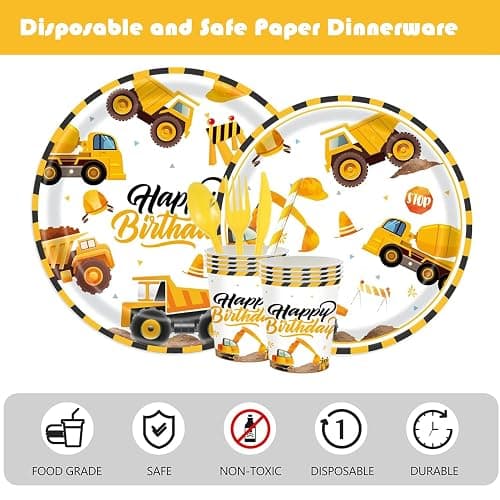 194Pcs Construction Plates Birthday Party Supplies Decorations Serve 24 | Includes Napkins Cups Tablecloth and Banner | Boys Construction Themed Birthday Party thumbnail 6