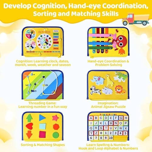 Esjay Toddler Busy Board Montessori Toys for Boys Girls, Sensory Board Educational Activities for Learning Fine Motor Skills, Birthday Gifts for Toddlers, Travel Toys for Airplane Car, Yellow Truck thumbnail 4