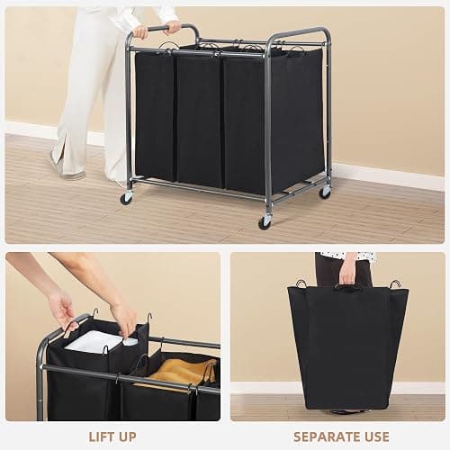STORAGE MANIAC 3 Section Laundry Sorter, 35.9 Gal (136 L) Laundry Hamper Cart with Heavy Duty Rolling Lockable Wheels and Removable Bags, Clothes Organizer Basket Clothes Separator Hamper, Black thumbnail 5