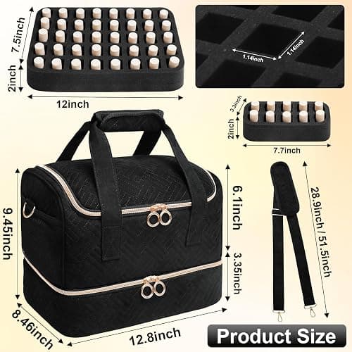 Veirdro Nail Polish Organizer Bag Holds 50 Bottles (15ml/0.5fl.oz)& Nail Lamp, Soft Velvet Nail Kit Storage Carrying Case with Shoulder Strap, Double Layer Nail Supplies Organizer Handbag Women Black thumbnail 9