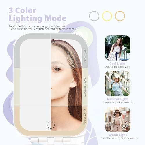 TREASO Travel Makeup Mirror, Portable Rechargeable Mirror with Lights | USB-Rechargeable, 3 Color LED Lighting, Adjustable Brightness, 7.9x5.4 inch, 1200mAh Battery, Gift for Women and Girls, White thumbnail 3