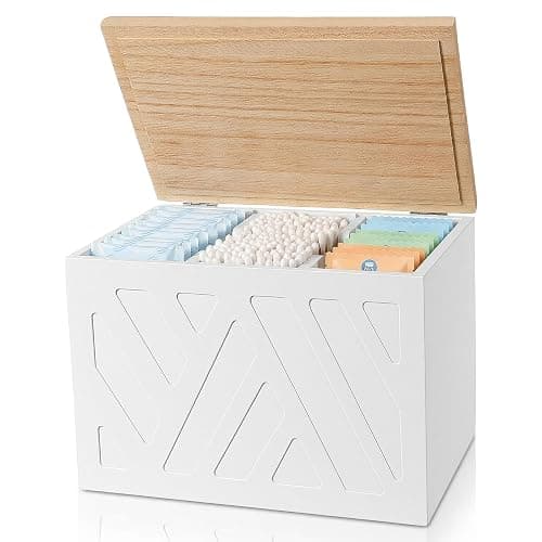Oqqlin Tampon Holder for Bathroom Storage, Feminine Products Organizer with Lid Wooden Shark Week Tampon Storage for Bathroom, Bedroom, Toilet (White) - Image 1