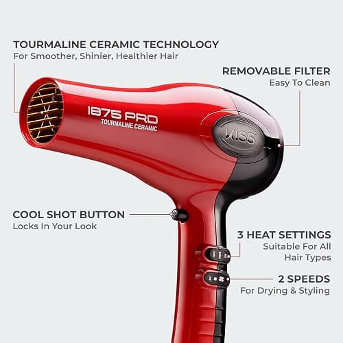 Kiss 1875 Watt Pro Tourmaline Ceramic Hair Dryer, Styling Edition, 3 Heat Settings, 2 Speed Settings, Cool Shot Button, 7 Blow Dryer Accessories Included, 2-Year Warranty - Red thumbnail 8