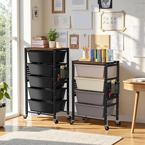 Rolling Cart with 5 Drawers, Plastic Drawer Storage Carts with Wheels & Wooden Tabletop, Metal Utility Cart with Pegboards, Office Living Room Classroom Craft Organization and Storage, Dark Black thumbnail 2