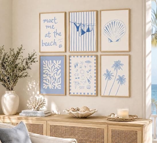 6Pcs Coastal Granddaughter Wall Art Blue Shell Bikini 8x10in | Starfish Palm Tree Poster Prints, Meet Me At The Beach, Preppy Aesthetic, For Girly Room Dorm Apartment thumbnail 2