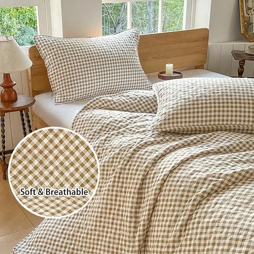 Tan Gingham Queen Quilt Set, Soft Pre-washed Microfiber Taupe Plaid Queen Bedspread, Lightweight Checked Summer Quilt, Grid Bedding Coverlets for All Seasons (Includes 1 Quilt, 2 Pillow Shams) thumbnail 3