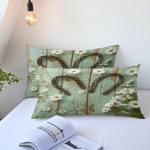 CCoutueChen Teal Rustic Farmhouse Bedding Set Queen Size, Country Wooden Barn Door Comforter for Western Horseshoe Daisy Decor, Suitable for Kids Girls Teen Cowboys Cowgirls,2 Pillowcases/90 * 90 thumbnail 5