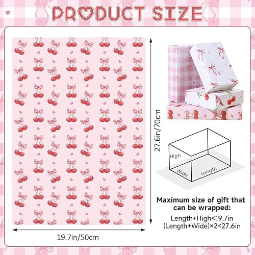 Pineraap 12 Sheets Pink Bow Cherry Wrapping Paper, Bowknot Printed Gift Wrap Paper Decorative Craft Paper for Girls Women Birthday Wedding Baby Shower Coquette Party, 19.7 x 27.6 Inch thumbnail 6