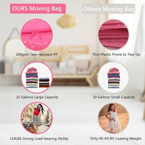 Extra Large Moving Bags with Strong Zippers and Handles Moving Supplies with lids, 2 Pack Heavy Duty Totes for Storage Bags for Space Saving, Fold Flat, Moving and Storing (Pink, 2 Packs) - 2 Packs - Pink thumbnail 7