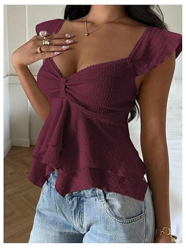 RoseSeek Women's Flowy Going Out Tank Top Sweetheart Neck Cap Sleeve Summer Ruffle Elegant Crop Tops thumbnail 2