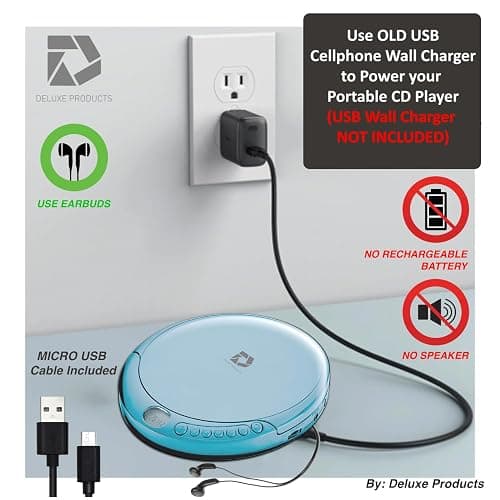 Deluxe Products CD Player Portable with 60 Second Anti Skip, Stereo Earbuds, Includes Aux in Cable and AC USB Power Cable for use at Home or in Car. Blue thumbnail 5