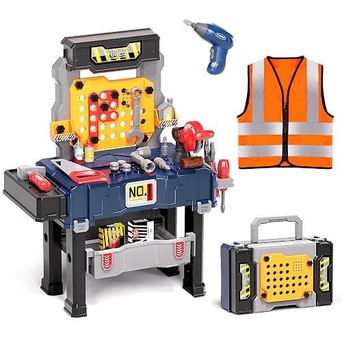 Deejoy Kids Tool Bench with Realistic and Electric Drill, Construction Workbench Toys for Toddlers 3-5, Toddler Bench Set for Boys & Girls Age 3-4 (with Work Clothes) - Image 1