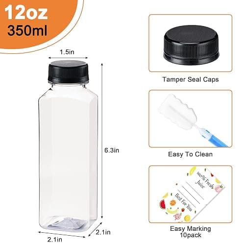Juice Bottles with Caps 10Pcs 12oz, Plastic Bottleswith Caps, Clear Reusable Water Bottle, Used for Juicing Bottles, Smoothie Bottle, Juice Containers - with 10Pcs Labels & Bottle Brush thumbnail 3