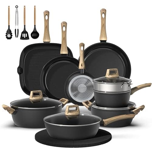 Bazova 23 Pcs Pots and Pans Set, Non Stick Ceramic Cookware Set with 3 Frying Pans, Healthy Non-Toxic, Large Capacity,Induction Compatible, PFAS/PTFE/PFOA Free, Black - Image 1