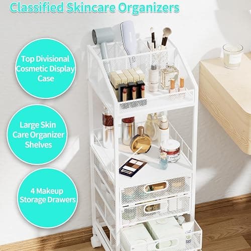 HapiRm Makeup Organizer Storage Cart - Floor Skincare Make Up Storage with 4 Drawers, Rolling Makeup Cart Vanity Organizer Cosmetics Display Cases Holder for Skin Care Perfume Nail Polish thumbnail 5