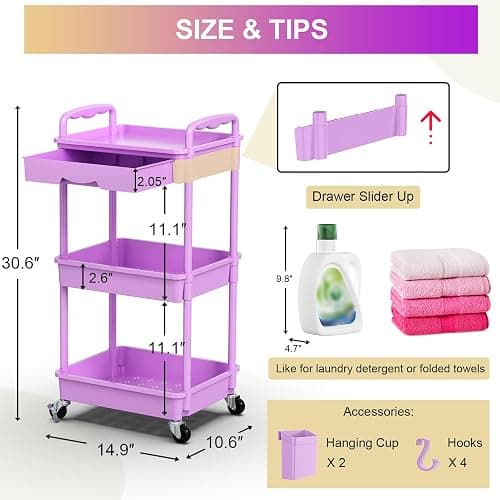 Goovilla 3 Tier Rolling Utility Cart Organizer with Removable Drawer, Stable and Sturdy Purple Rolling Storage Carts with 2 Lockable Wheels for Bathroom, Kitchen, Snack, Craft, Makeup, Baby Essentials thumbnail 2