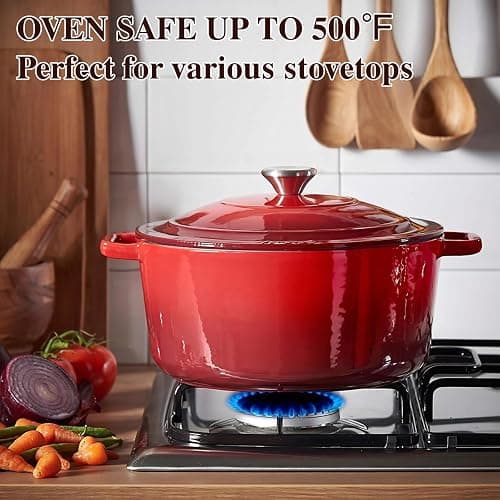 Umite Chef 7QT Enameled Cast Iron Dutch Oven with Lid & Cotton Potholders–Heavy-Duty Cookware for Bread Baking, Braising, Stews, Marinate, Cook(Red) thumbnail 2