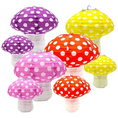 🍀Timisea 8pcs Multi Color mushroom shaped paper lanterns, Hanging lanterns, Ceiling Hanging Ornaments, Perfect for Forest Jungle Themed Party Decor, Nursery Party Backdrop, (8 inch&12 inch) - Image 1