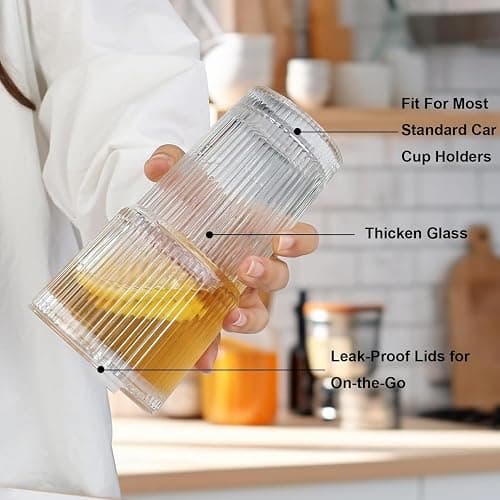 ALINK 2 Pack 20 oz Ribbed Glass Tumblers with Lids and Straws Glassware Cups Set, Thickened Glass, Ideal for Iced Coffee, Smoothies, Cocktails,Juices thumbnail 5