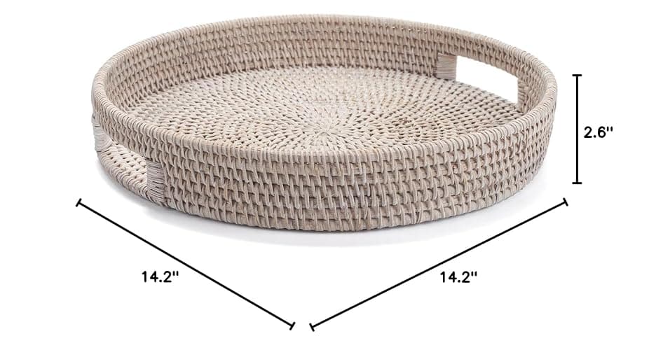 13.8 inch Round Rattan Tray, Decorative Coffee Table Tray, Ottoman Tray, Woven Serving Tray with Handles, Wicker Serving Basket, Whitewash thumbnail 3