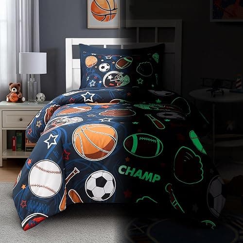 Wink Deer Twin Comforter Set for Boys-5 Pieces Sports Ball Games Glow in The Dark Twin Bedding Sets for Kids, Ultra Soft Bed in A Bag with Sheets thumbnail 6