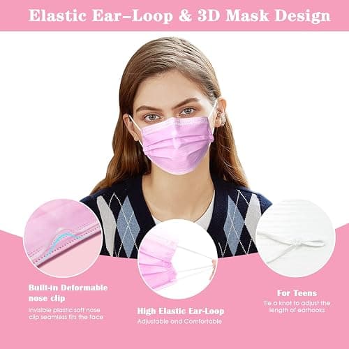 DC-BEAUTIFUL 100 Pcs Pink Disposable 3 Ply Earloop Face Masks,Fit for Adults - Pink thumbnail 3