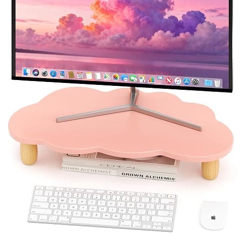 AFOOYO Monitor Stand Riser,Cloud-Shaped Sturdy Wood Computer Monitor Riser, Laptop Monitor Stand, Multi-Purpose Desktop Organizer Riser for Computer, Laptop, Printer, TV,Pink - Image 1