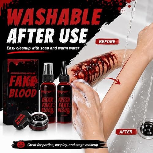 Halloween Fake Blood Kit, 3PCS Realistic Washable Blood Makeup with Spray, Dripping Blood & Coagulated Gel Blood for Zombie Vampire Monster Cosplay, Costume Party & SFX Makeup (3PCS) thumbnail 7