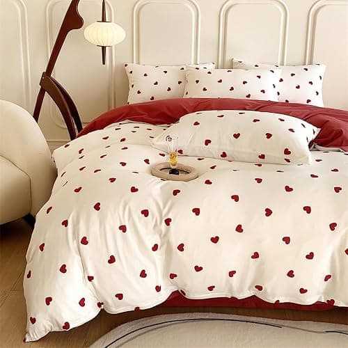 Freyamy Housse de Couette 220x240cm+2 Taie d'oreiller 65x65cm Coeur Imprimé Rouge Blanc Parure de lit 2 Personnes Adulte Motif du Cœur Sets de Housse Couette en Microfibre avec Fermeture Éclair thumbnail 7