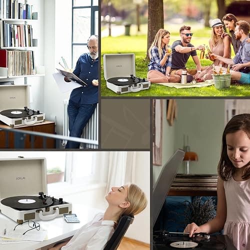 JORLAI Record Player 3 Speeds Turntable with Bluetooth Built-in Battery Stereo Speakers Vintage Record Player Belt Driven Portable Suitcase PC Recording White thumbnail 7