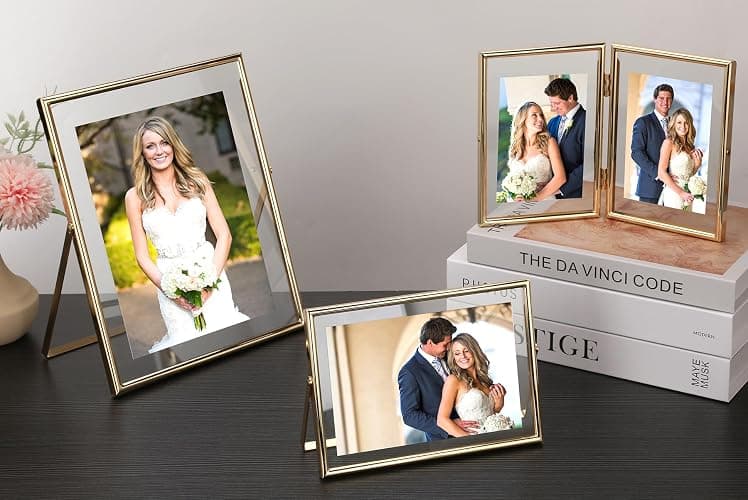 Gold Floating Picture Frames Set of 3, Metal Geometric Photo Frame with Glass Cover Includes(5x7'',4x6'', 5x5''),Tabletop Floating Picture Frames for Home Wedding Decoration,Gift for Christmas,Wedding thumbnail 7
