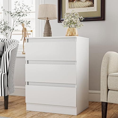 White Nightstand with 3 Drawers,Modern Tall Bedside Table with Storage for Bedroom,End Side Table with No-Handle Design for Living Room thumbnail 3