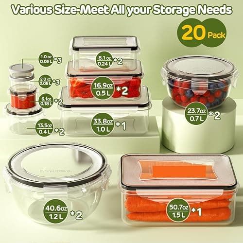 JSCARES 40 PCS Food Storage Containers with Lids Airtight (20 Lids &20 Containers) - Leakproof Meal-Prep Containers for Kitchen Storage Reusable Plastic Microwave/Dishwasher Safe with Labels & Pen thumbnail 2