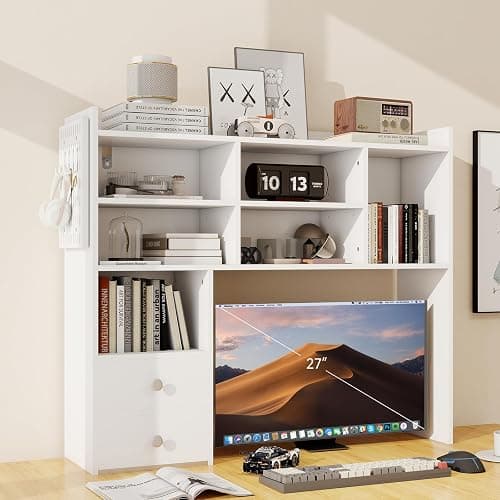 ELECWISH Desktop Bookshelf, Desk Shelf with 2 Drawers for Computer Desk, 36.22" 7-Tier Adjustable Desktop Hutch Organizer with Pegboard for Home Office, White - Image 1