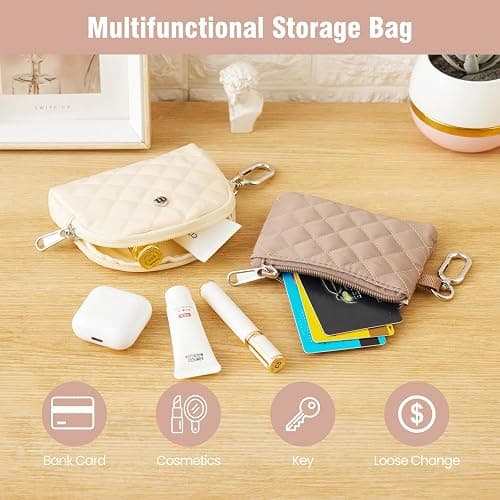 Mini Dual Pouch Wristlet Wallet for Women – Zip Around wristlet Keychain Wallet with 2 Wristlets, Ideal for Dog Walking, Coffee Runs & Lunch Break Essentials (Beige+Khaki) thumbnail 3