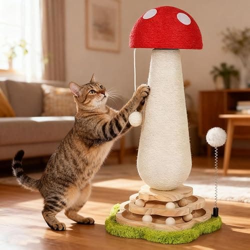 Mushroom Cat Scratching Post Cat Tree, Cute Cat Scratcher Tower with Interactive Ball Two-Layer Track Spring Ball Toys, Mushroom Scratch Post Cat Sisal Scratcher with Catnip for Indoor Cats thumbnail 7