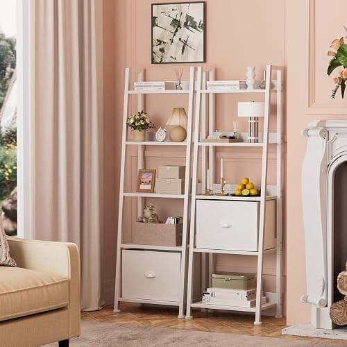 Furologee 5-Tier White Ladder Shelf, Ladder Bookshelf with Removable Drawer, Mordern Bookcase Storage Rack Organizer, Wood Metal Freestanding Storage Shelves for Living Room, Home Office, Bedroom thumbnail 5